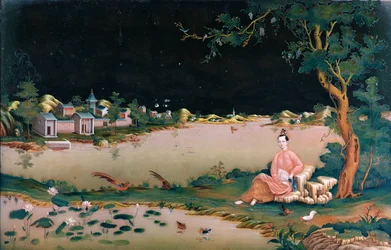 Japanische Spiegelmalerei, die ein sitzendes Mädchen zeigt, ca. 1800